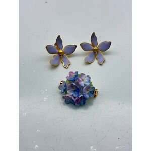 Vintage Lavender Enamel Flower Earrings and Made in England Floral Brooch